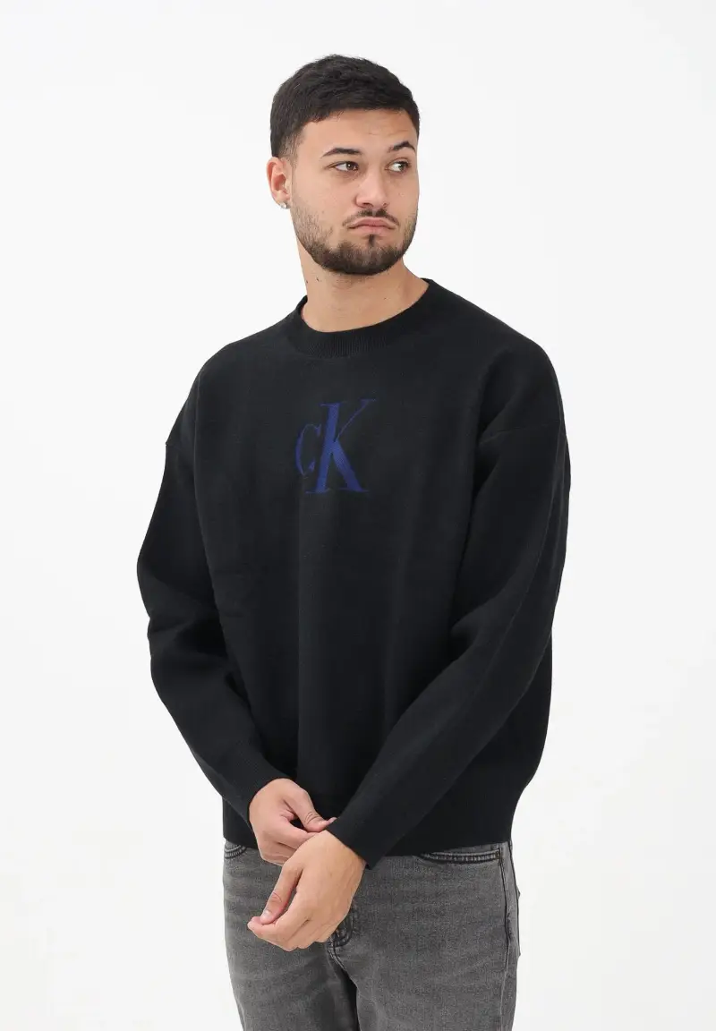 Maglioncino girocollo nero da uomo con logo miniatura 2