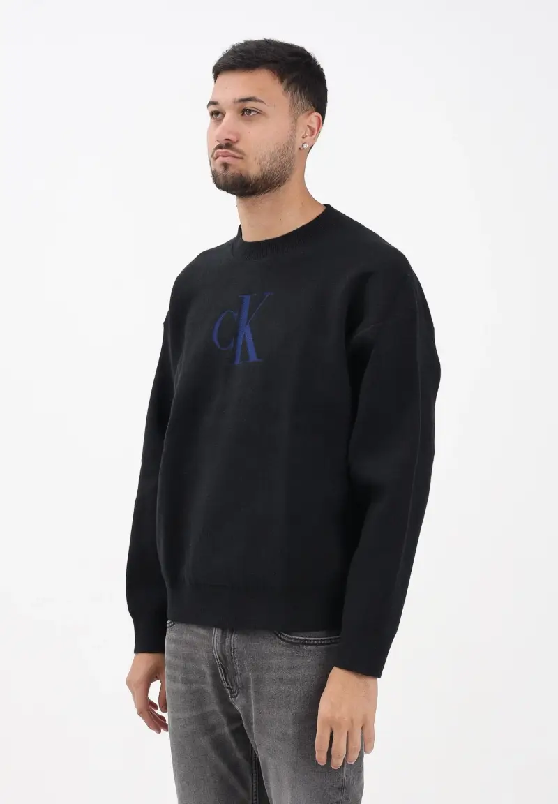 Maglioncino girocollo nero da uomo con logo