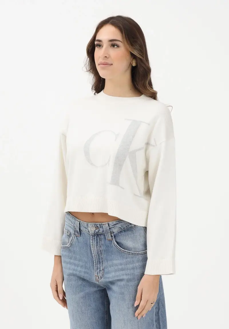 Maglioncino girocollo panna da donna con monogramma CK