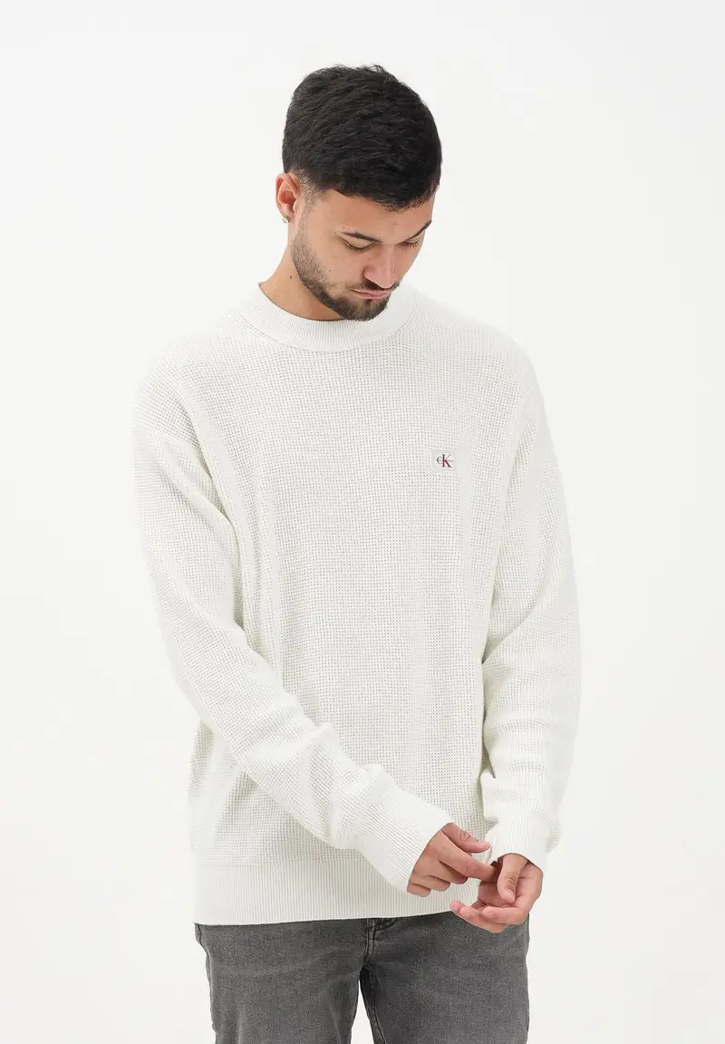 Maglioncino girocollo panna da uomo con patch logo miniatura 2