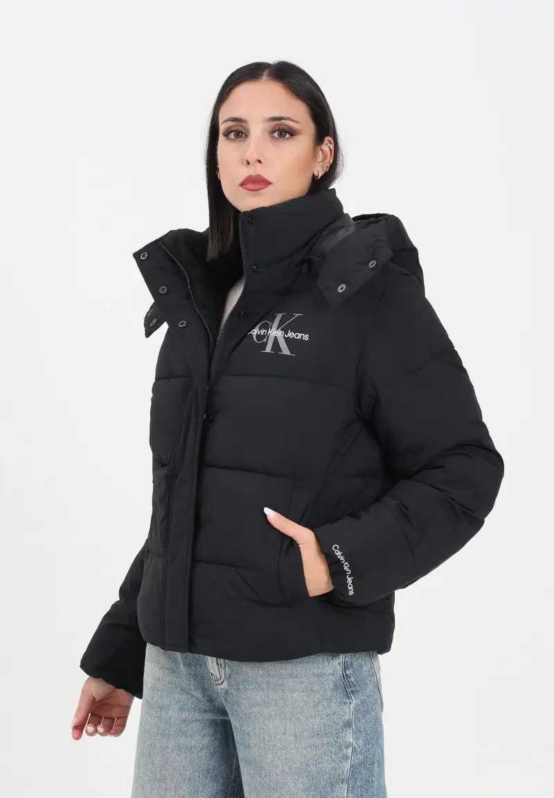 Piumino nero da donna con logo miniatura 2