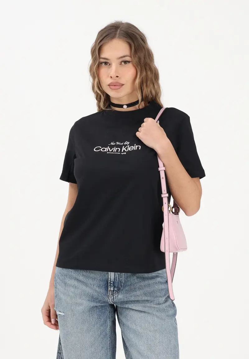 T-shirt a manica corta nera da donna con ricamo logo miniatura 2