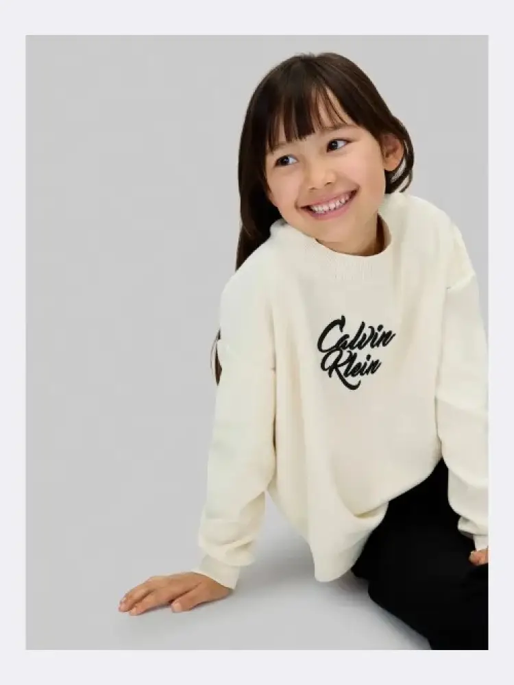 maglia crema bambina in cotone logo lettering sul davanti miniatura 3