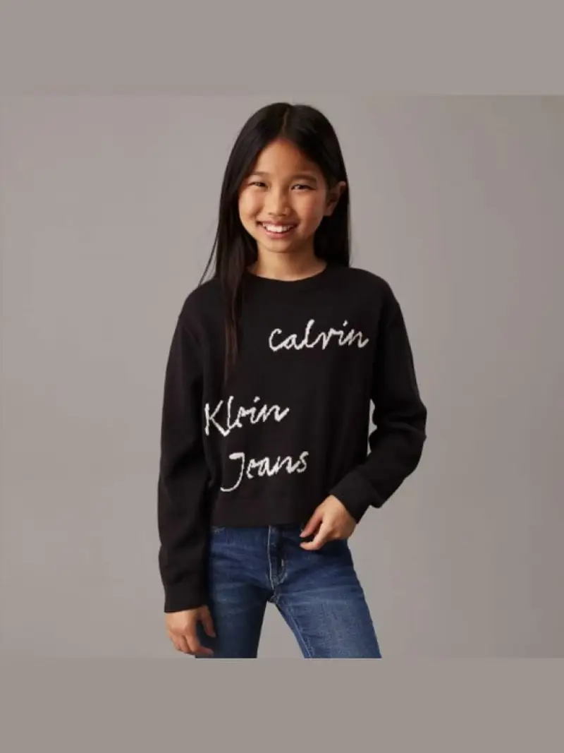 Calvin Klein maglia nera bambina in cotone logo lettering sul davanti