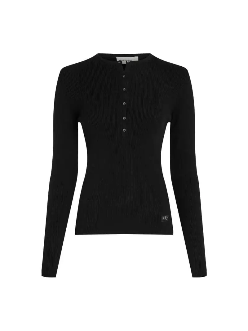 Calvin Klein maglia nera donna in cotone con bottoni patch logo sul fondo