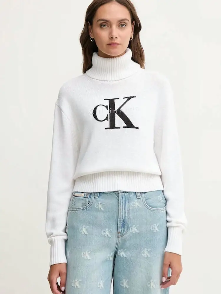 maglione a collo alto bianco con stampa logo centrale