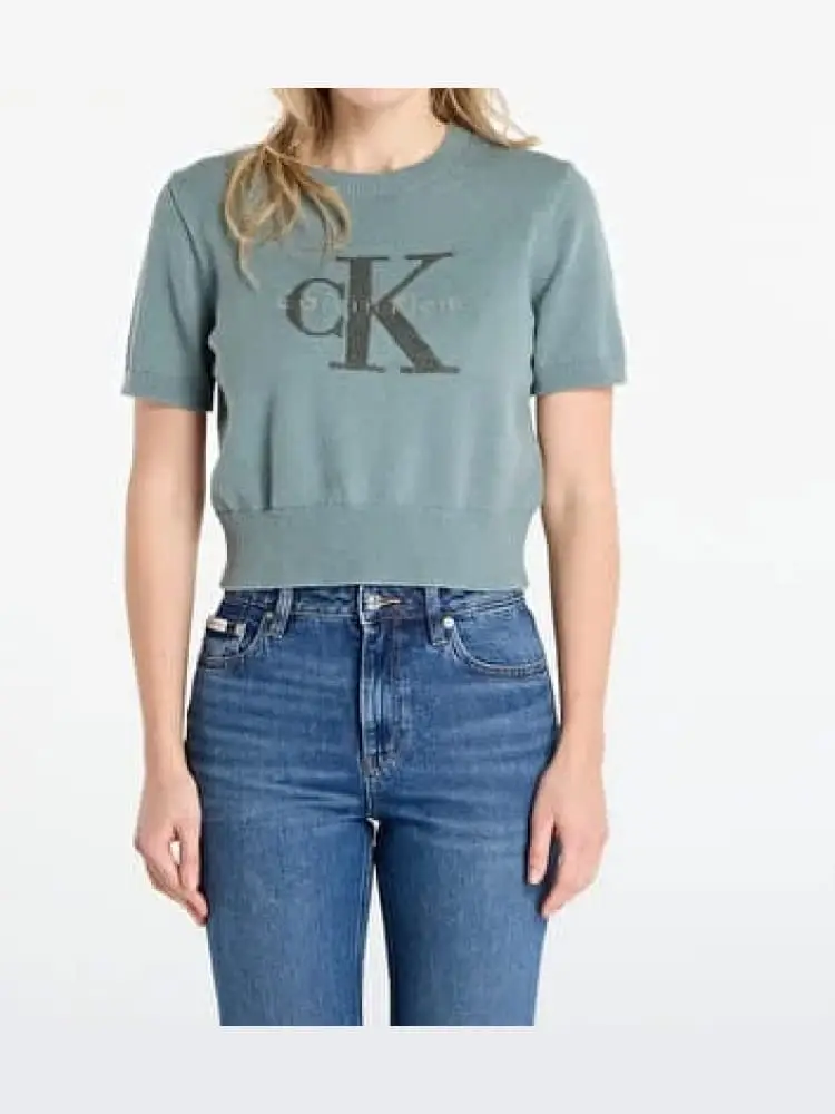 maglione celeste in cotone con logo frontale