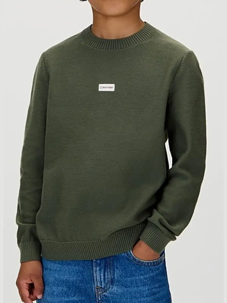 maglione kids/junior girocollo verde militare in cotone pettinato e micrologo centrale