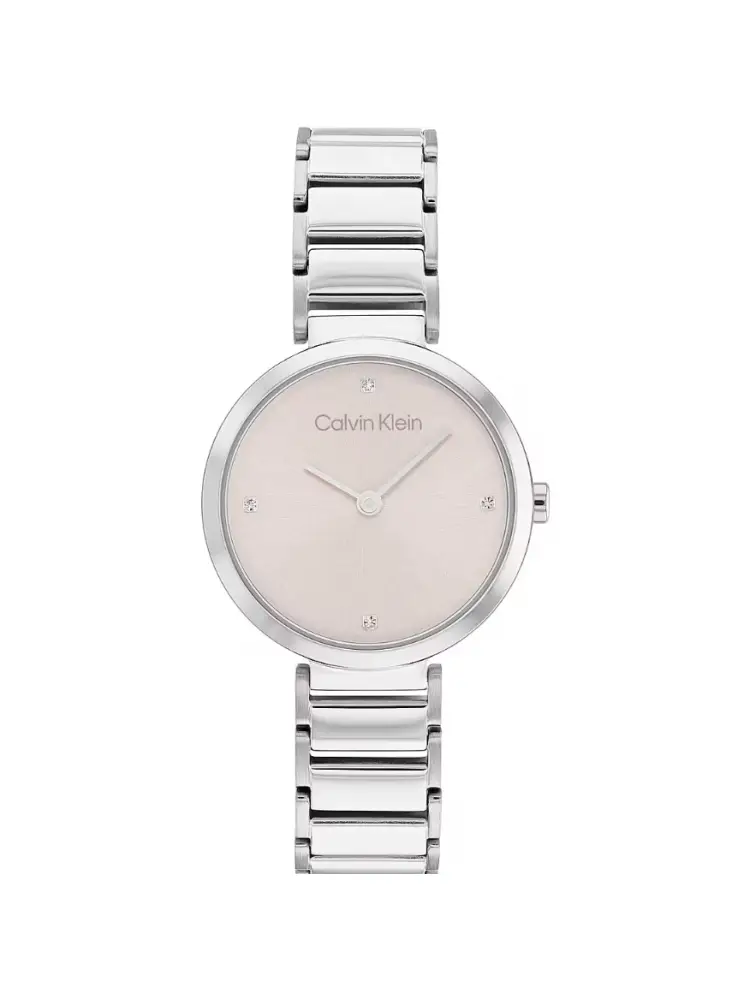 orologio al quarzo con cassa in acciaio argentato e quadrante rosa con pietre argentate