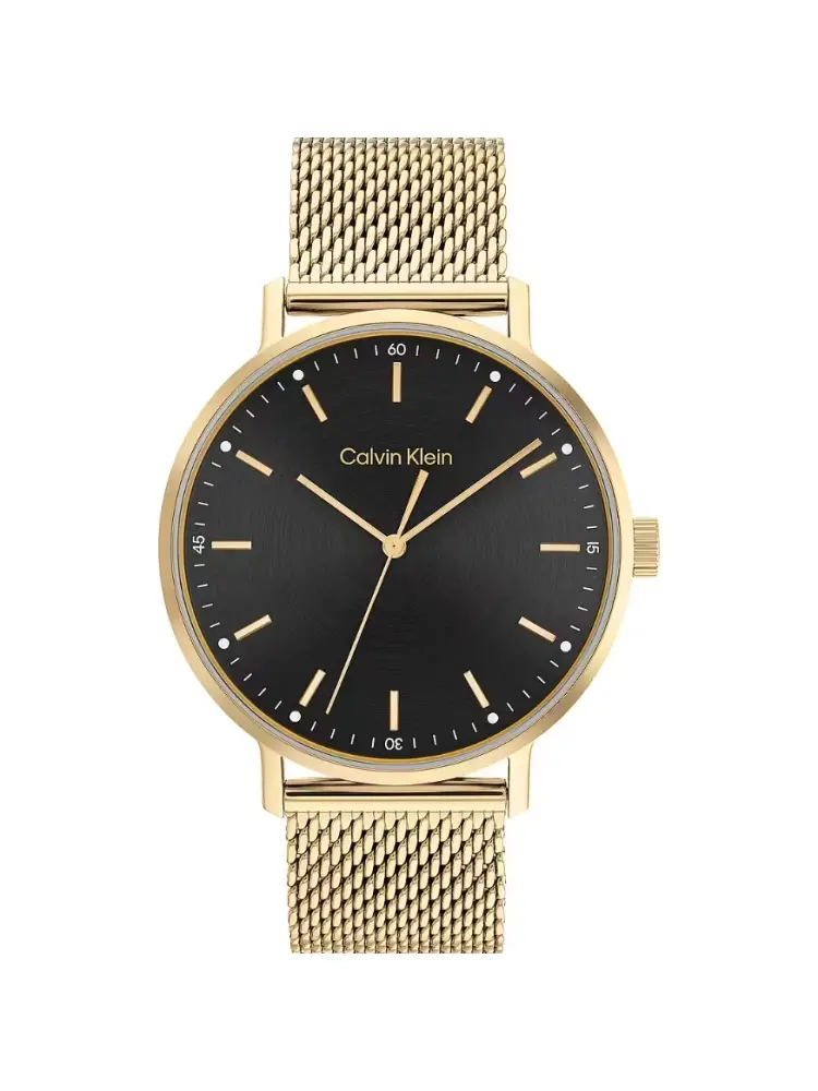 orologio al quarzo con cassa in acciaio dorato quadrante nero e lancette in oro