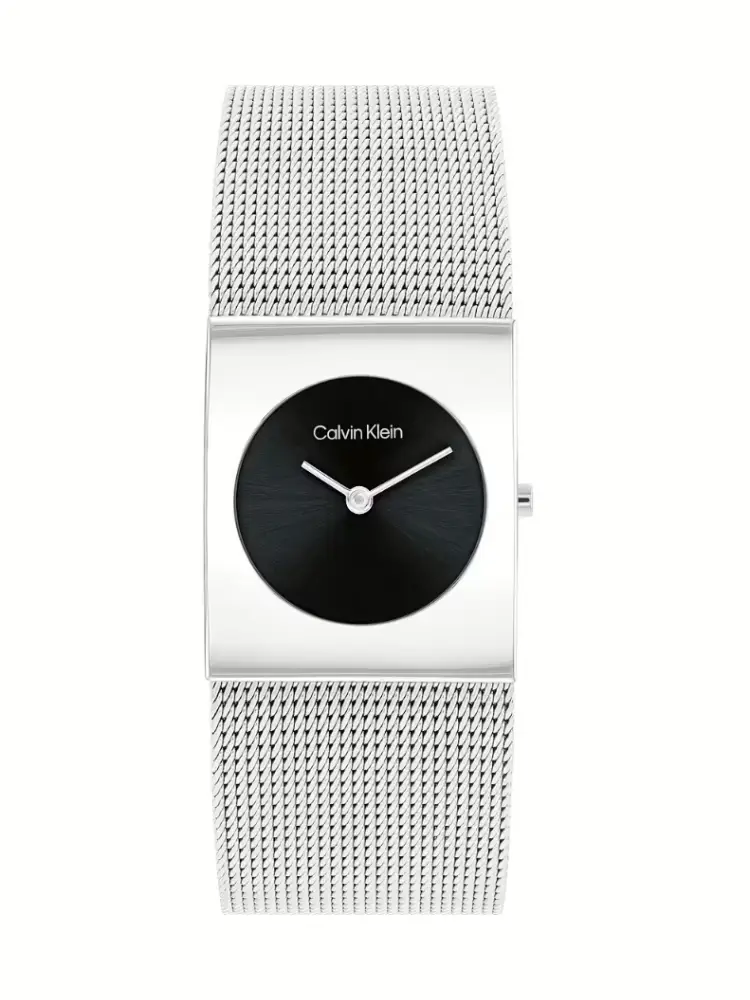 orologio argento con quadrante nero e logo lettering