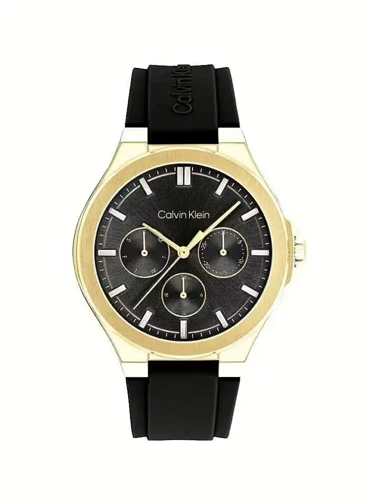 orologio con cassa in acciaio dorato e cinturino nero