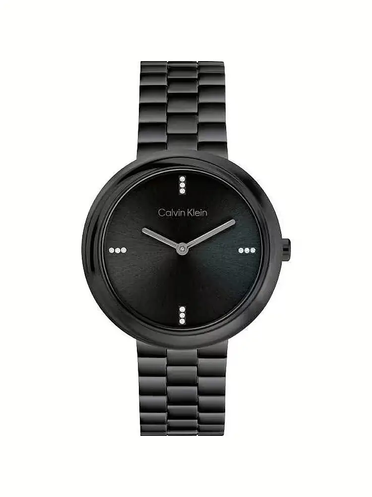 orologio con cassa rotonda in acciaio nero con cristalli e logo