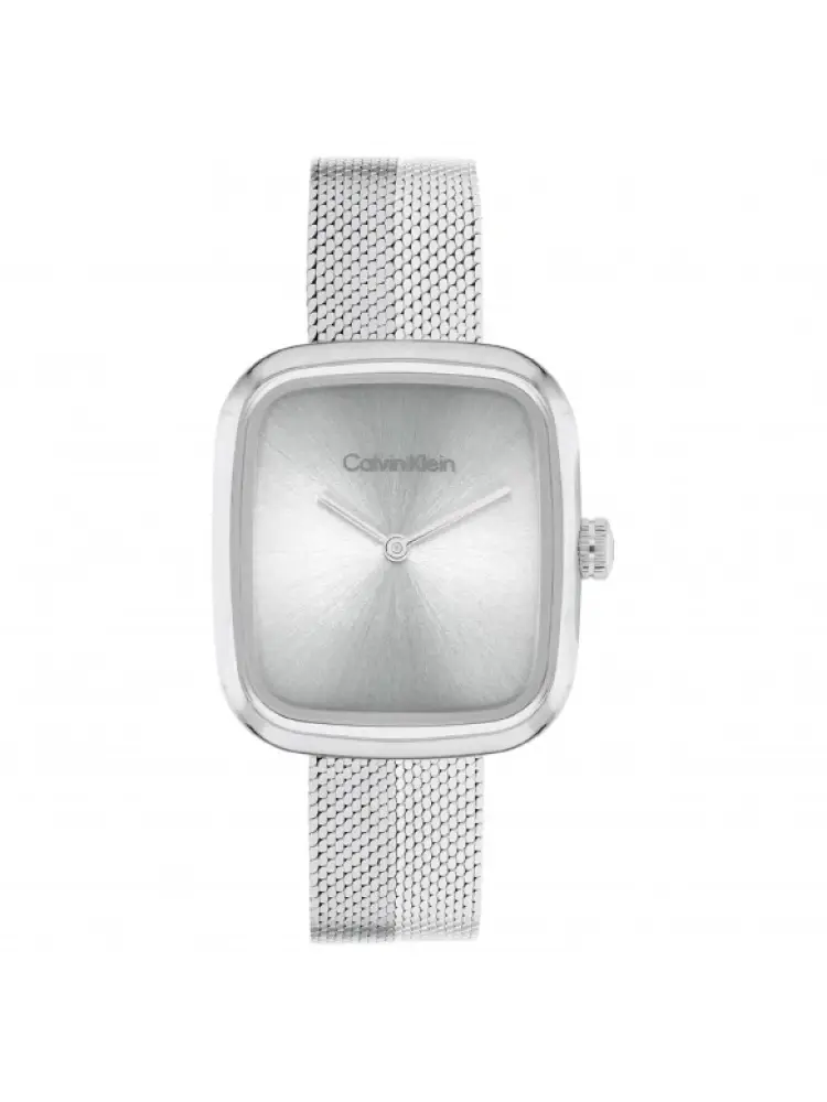 orologio con cassa squadrata in acciaio argentato con logo