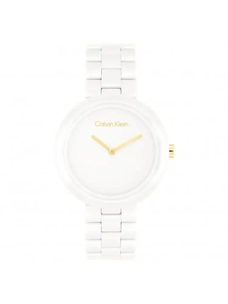 orologio in ceramica bianca con lancette e logo dorato