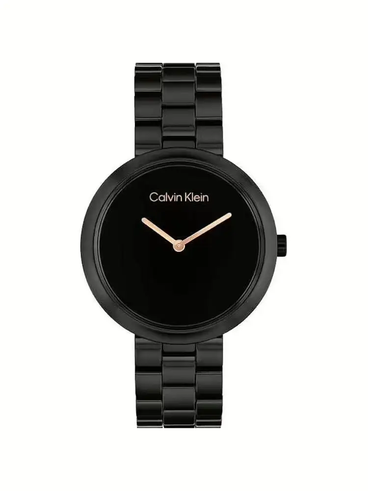 orologio in ceramica nero con lancette e logo dorato