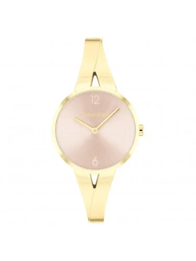 orologio oro con cassa tonda quadrante rosa e logo