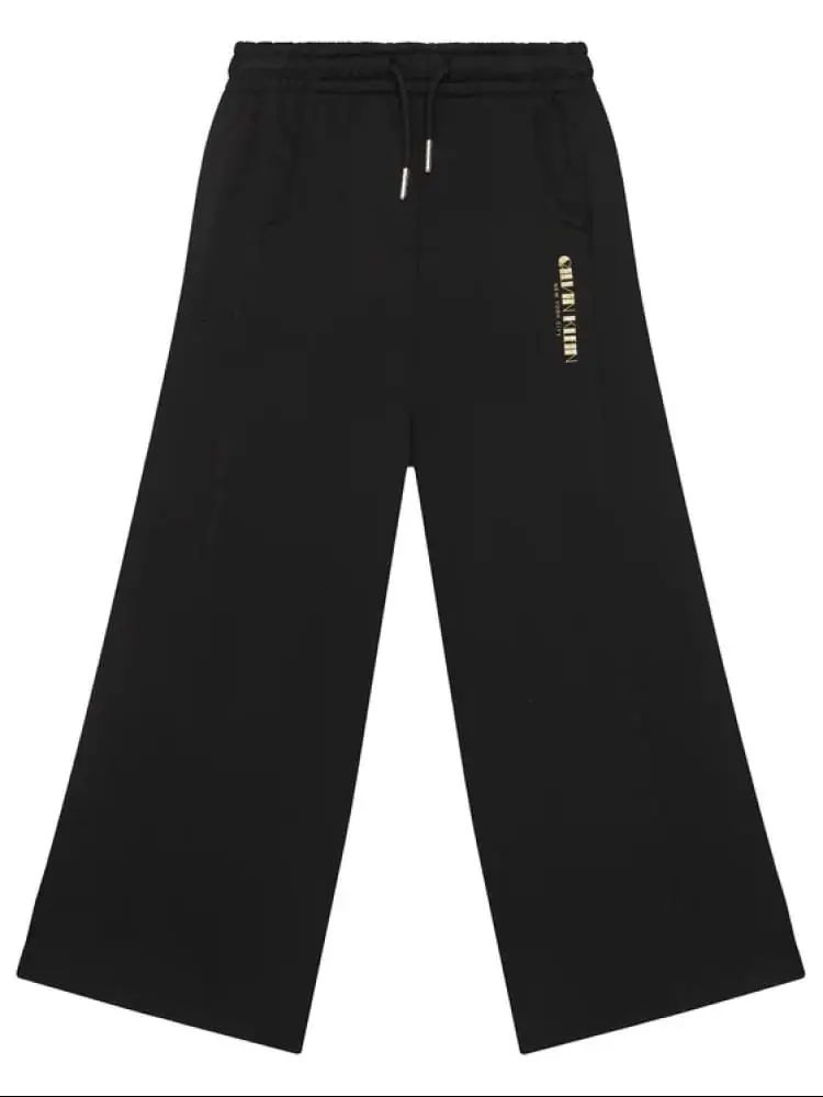 panatlone tuta kids/junior wide leg in cotone nero con logo glitter