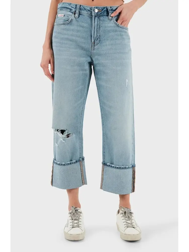 pantalone in denim donna patch logo sul retro