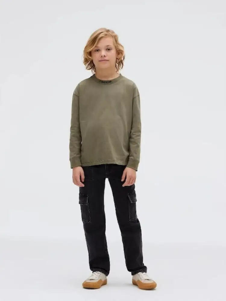 pantalone in denim nero bambino cargo patch logo sul retro miniatura 2