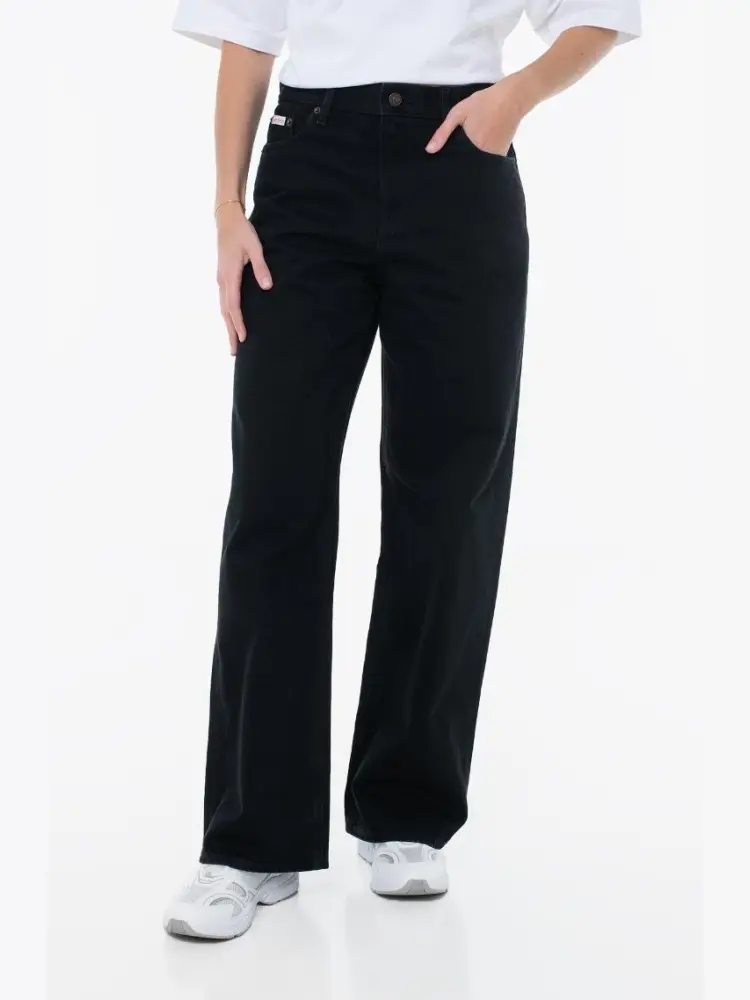 pantalone in denim nero donna palazzo patch logo sul retro