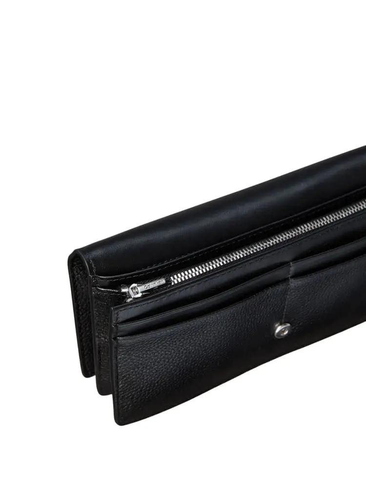 portafoglio donna in pelle nera martellata con placca logo emblema miniatura 3