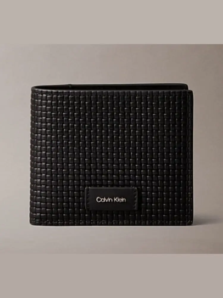 portafoglio uomo con motivo a intreccio nero e logo frontale
