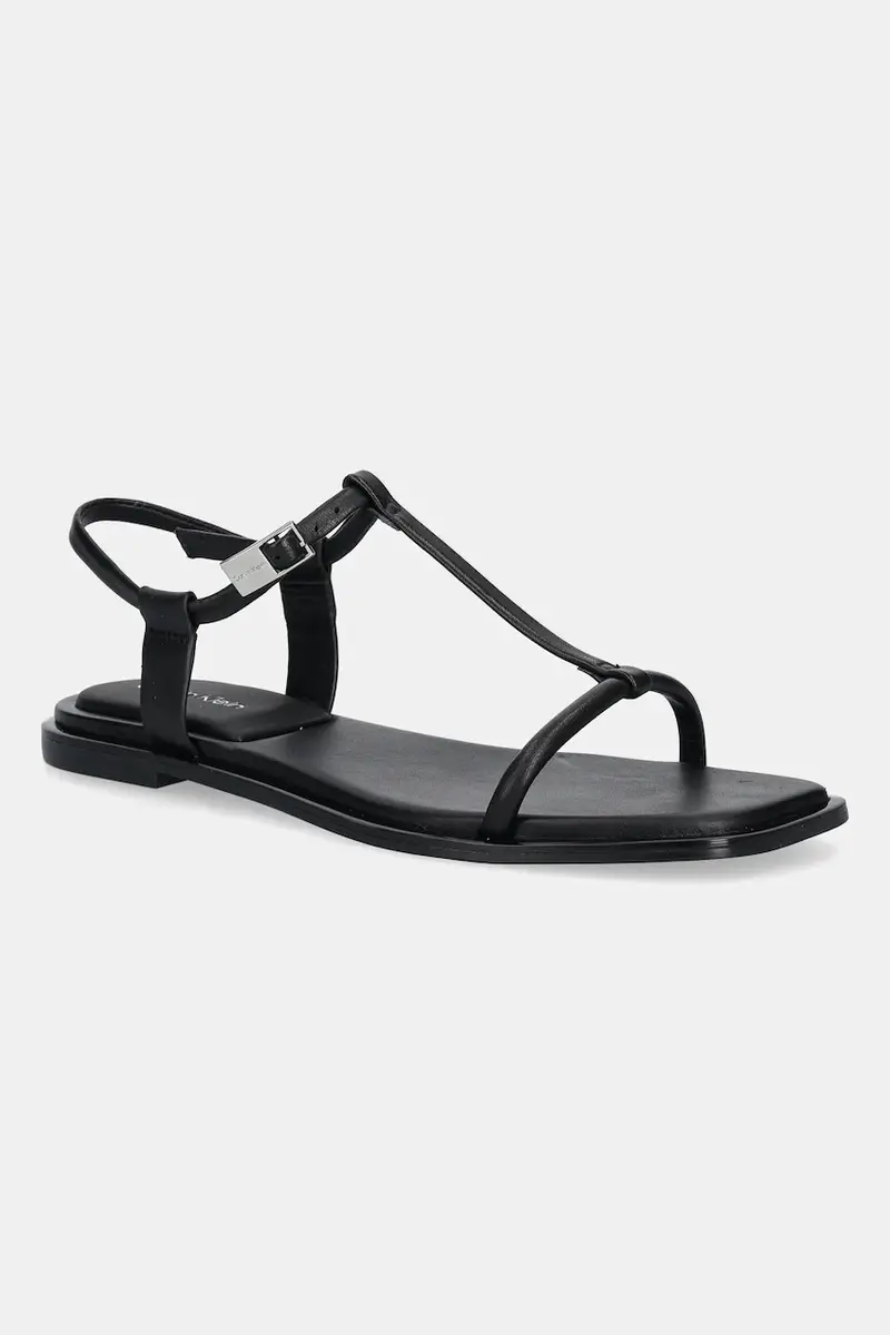 sandali in pelle FLAT SANDAL SQUARED BUCKLE LTH donna colore nero HW0HW02556