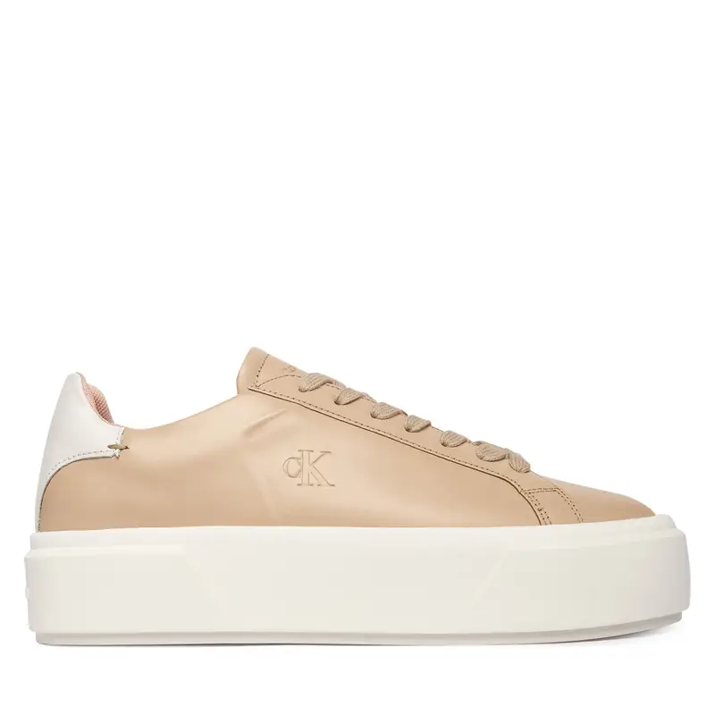 Calvin Klein Sneakers Flatform Lace Up in Pelle beige Donna