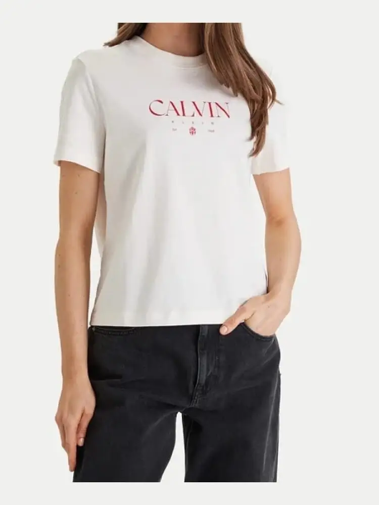 t-shirt donna a girocollo bianca con stampa frontale a contrasto