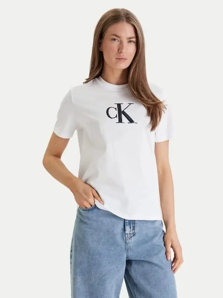 t-shirt donna a girocollo bianca regular fit in cotone con logo a contrasto