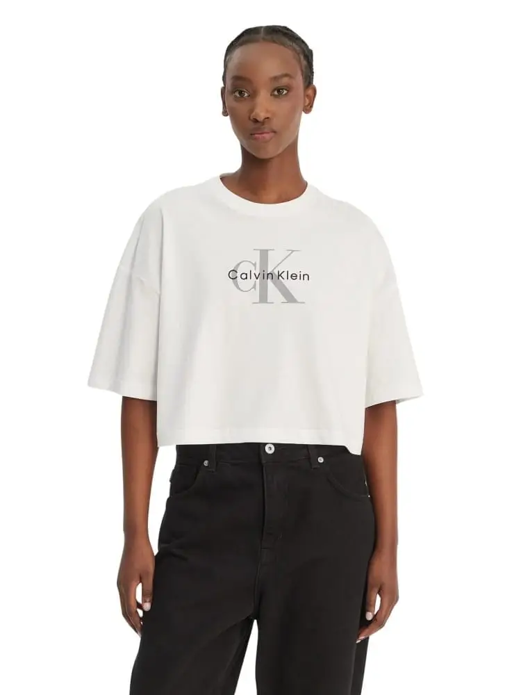 t-shirt donna cropped in cotone bianco con logo frontale boxy fit