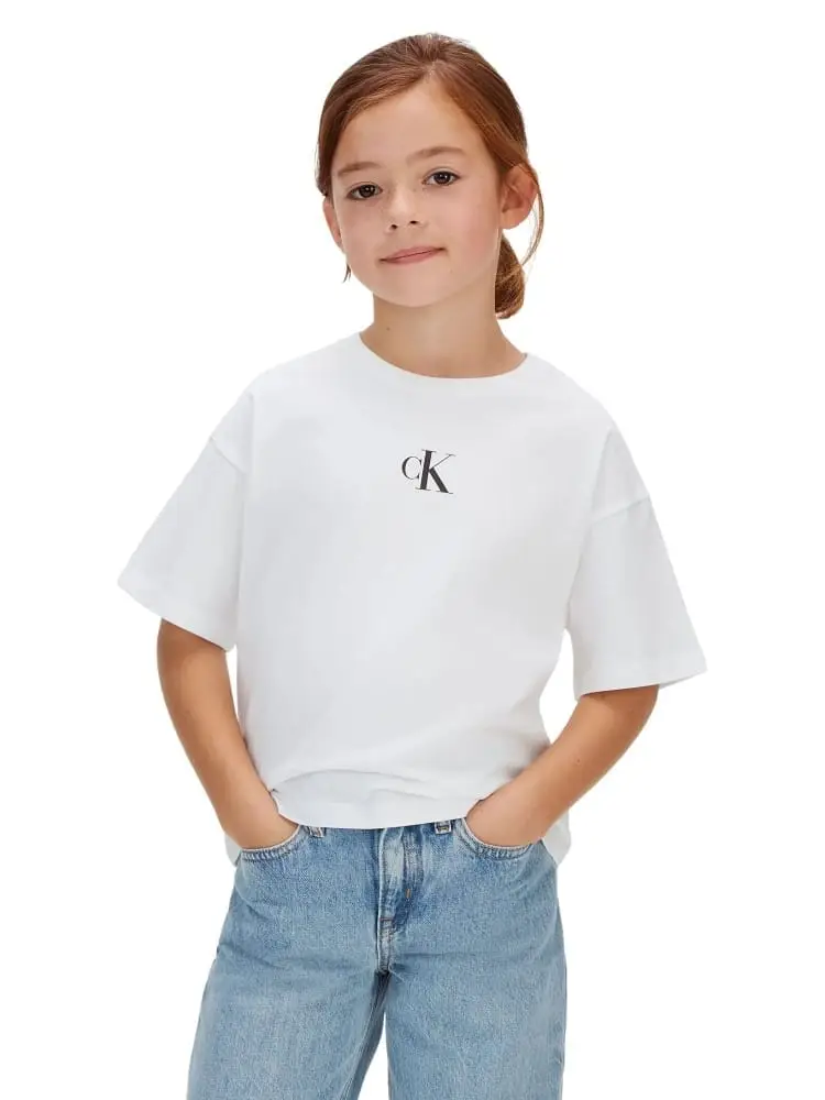 Calvin Klein t-shirt kids/junior in cotone bianco con monogram frontale boxy fit
