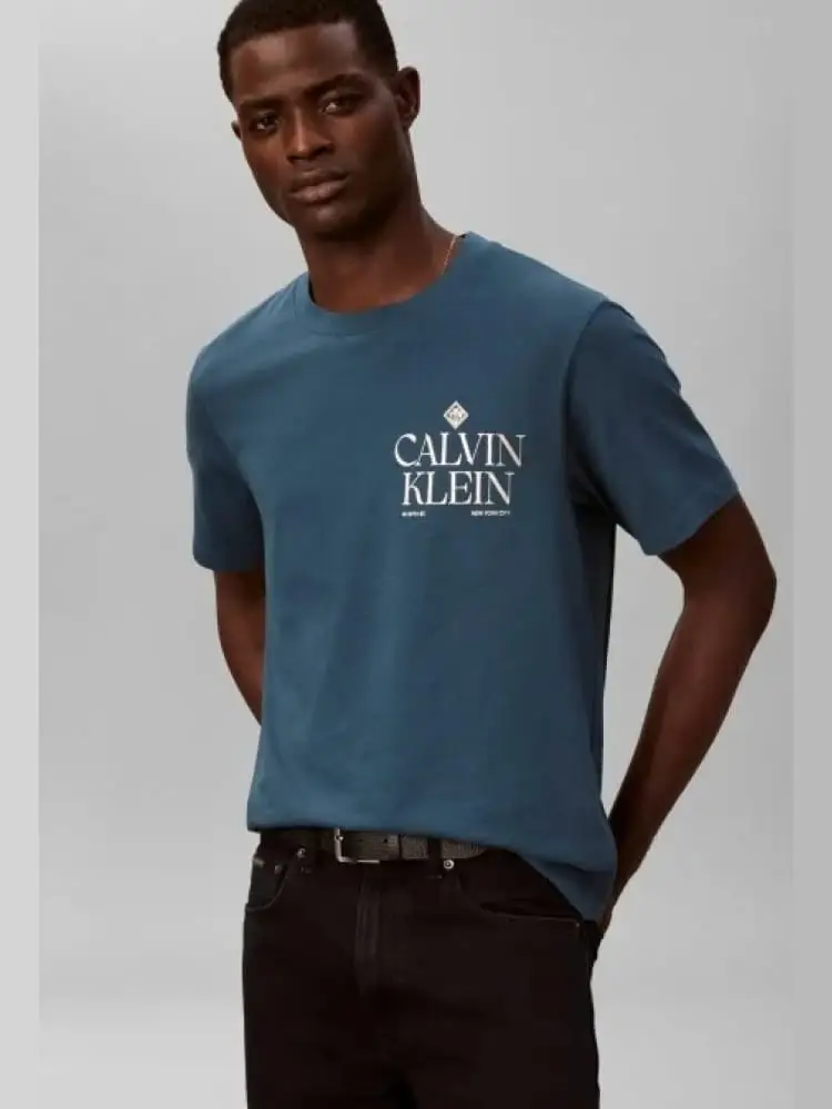 t-shirt uomo a girocollo blu con stampa logo frontale e sul retro