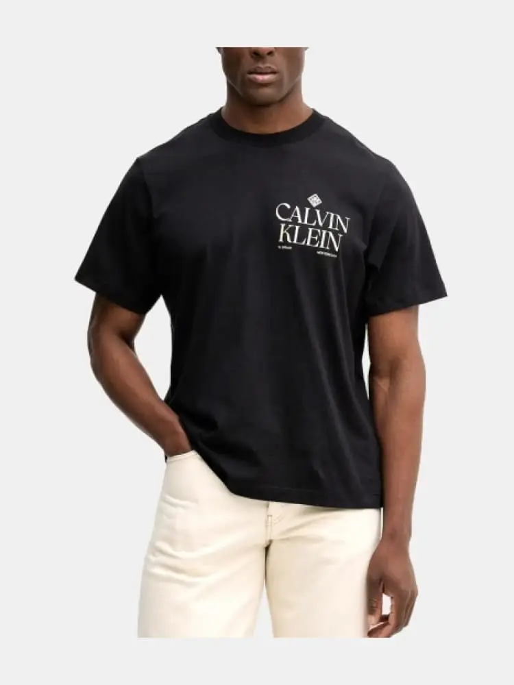 t-shirt uomo a girocollo nera con stampa logo frontale e sul retro