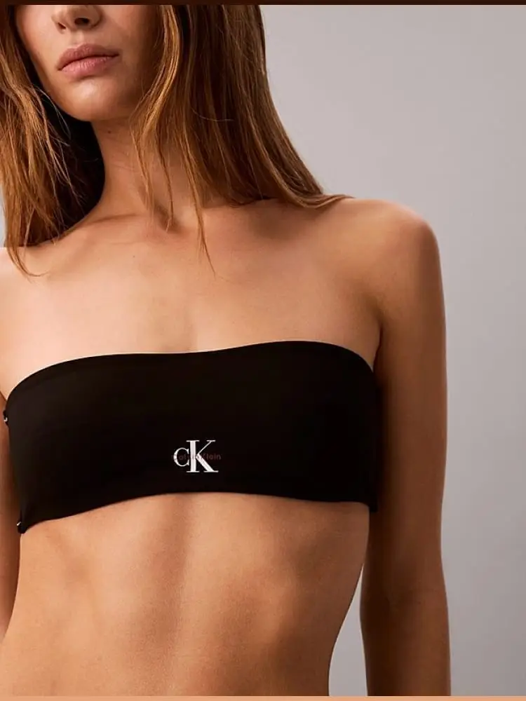 top bikini a fascia in nylon nero con logo