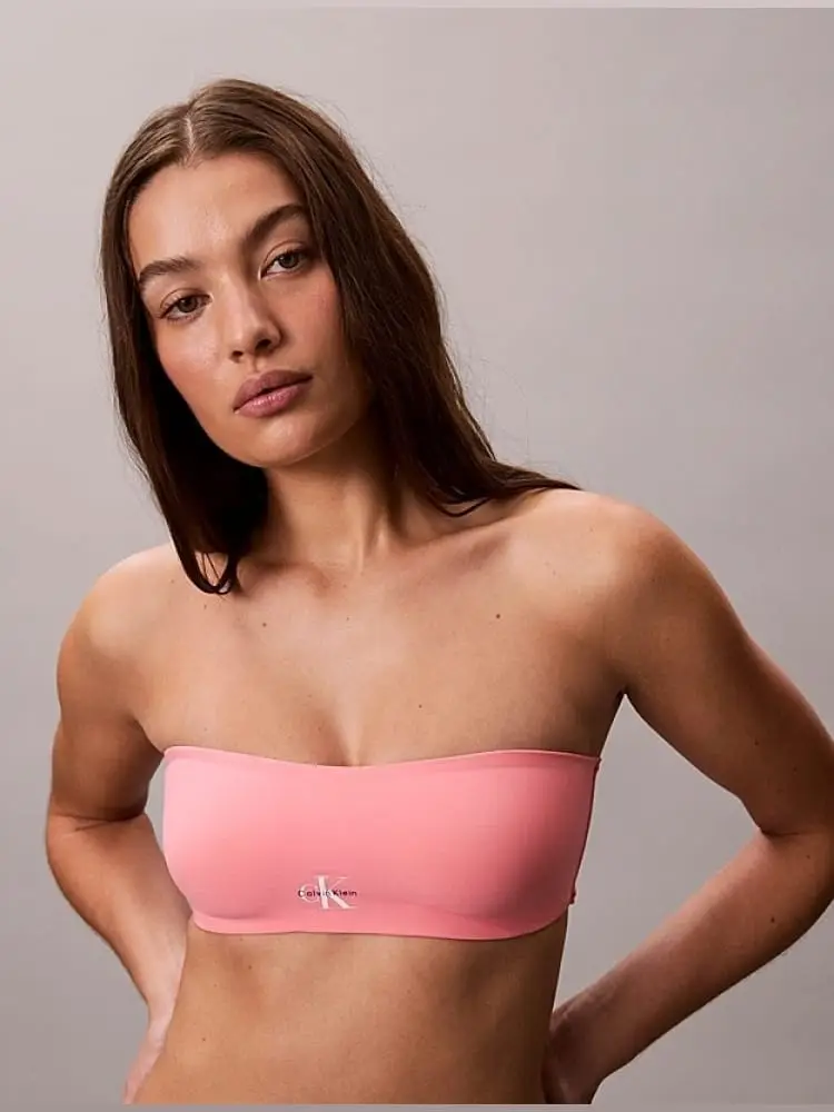 top bikini a fascia in nylon rosa con logo
