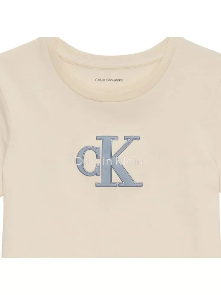 tshirt beige bambina logo sul davanti miniatura 2