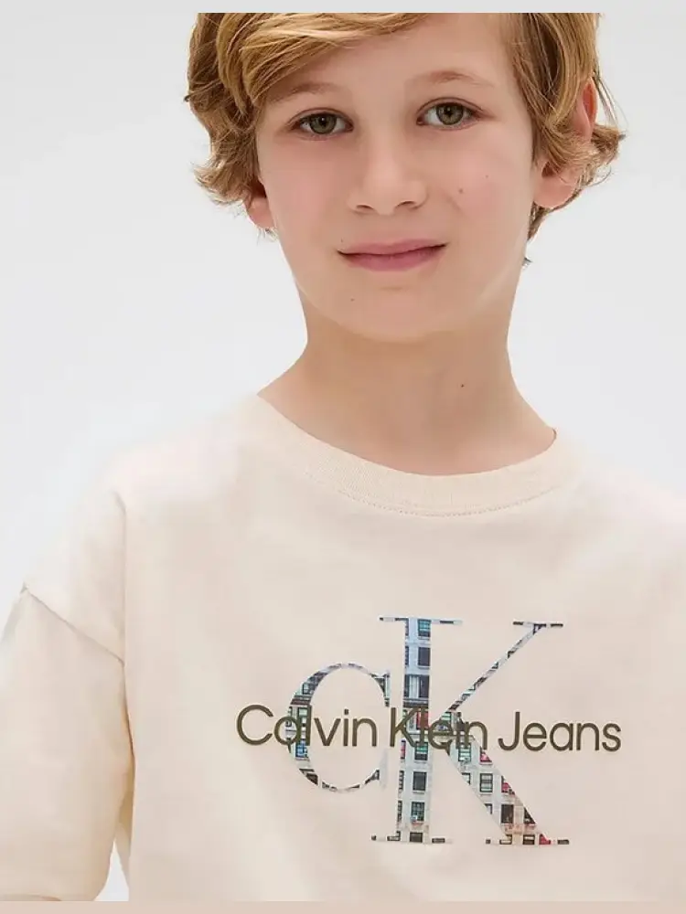 tshirt beige bambino in cotone manica lunga maxi logo sul davanti miniatura 2