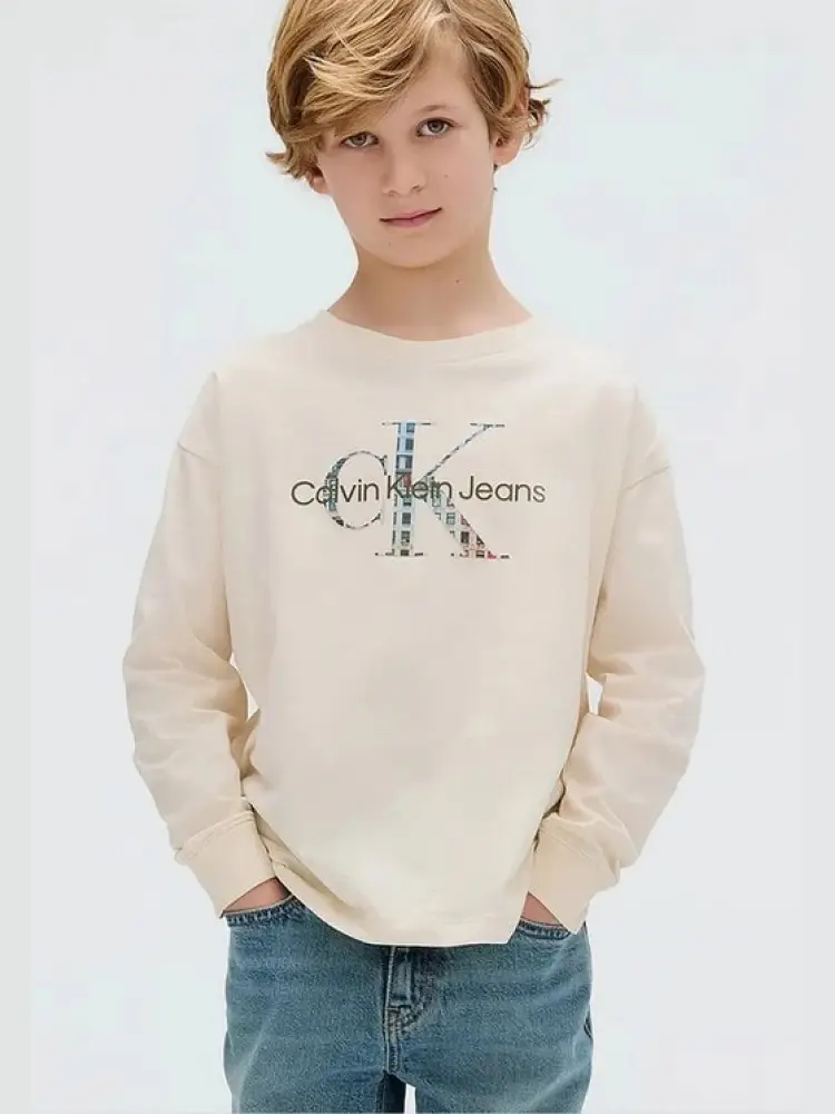 tshirt beige bambino in cotone manica lunga maxi logo sul davanti