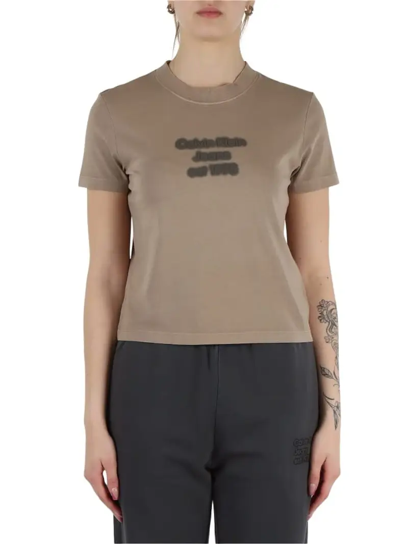 Calvin Klein tshirt beige donna in cotone logo lettering sul davanti