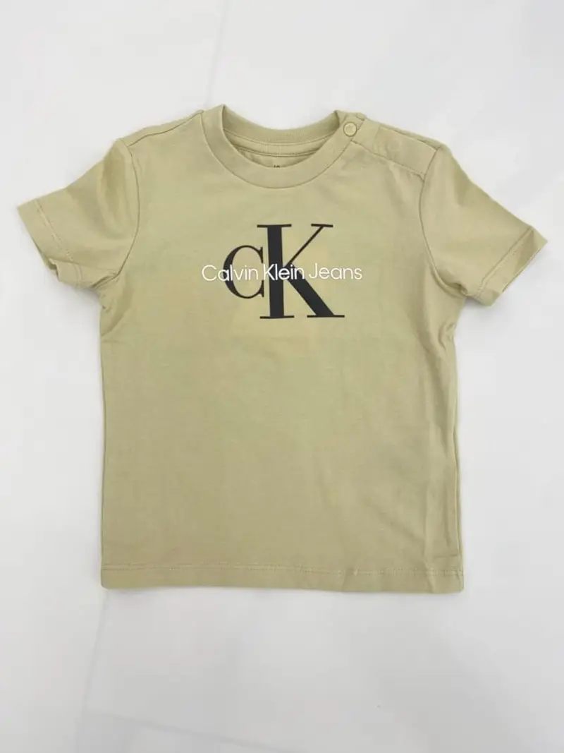 Calvin Klein tshirt beige neonato in cotone logo monogram a contrasto