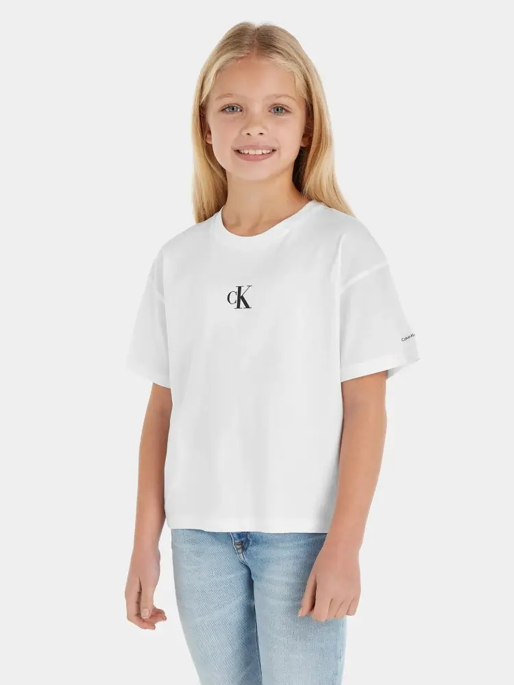 tshirt bianca bambina in cotone logo a contrasto
