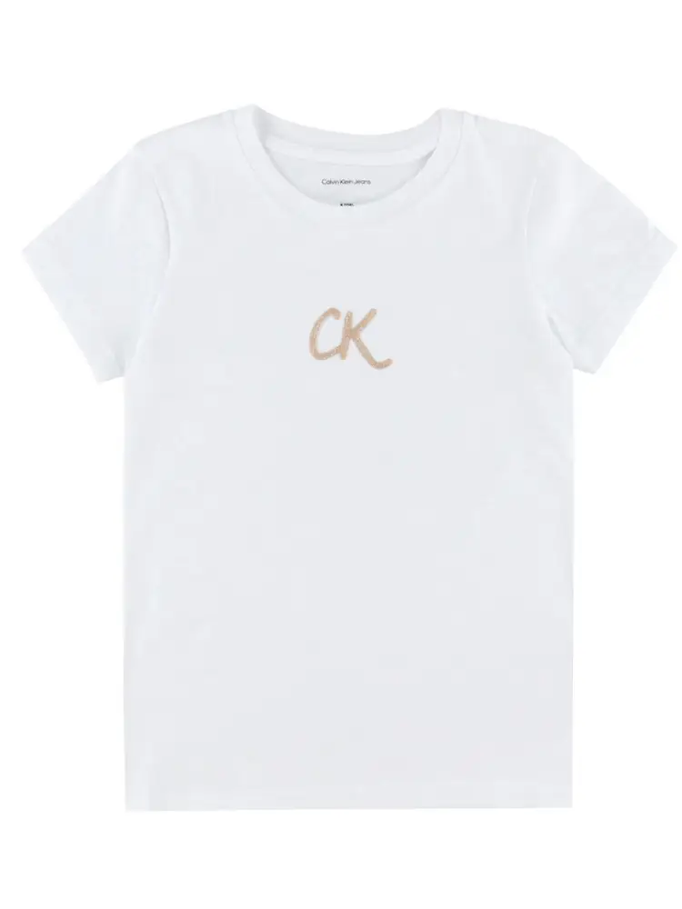 tshirt bianca bambina in cotone logo con glitter in rilievo
