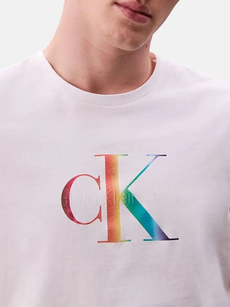 tshirt bianca uomo in cotone logo multicolor sul davanti miniatura 3