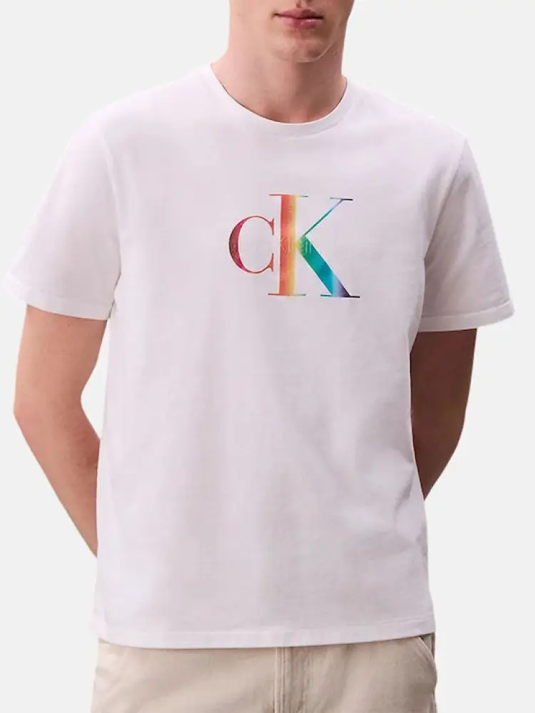 tshirt bianca uomo in cotone logo multicolor sul davanti