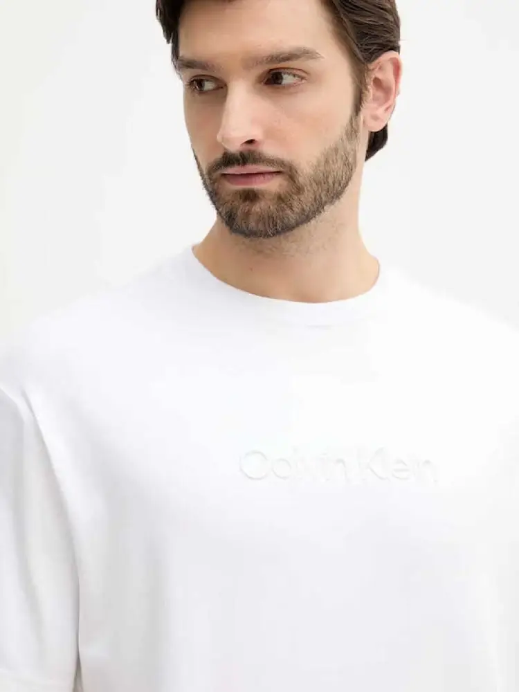 tshirt bianca uomo in cotone logo sul davanti in rilievo miniatura 3