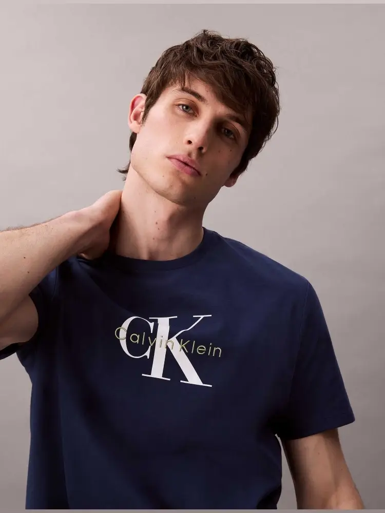 tshirt blu uomo in cotone maxi logo a contrasto miniatura 3