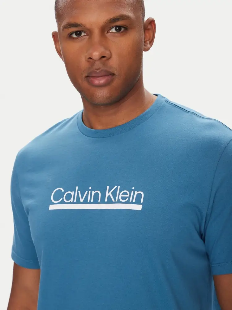 tshirt celeste uomo in cotone stampa logo lettering sul davanti miniatura 3