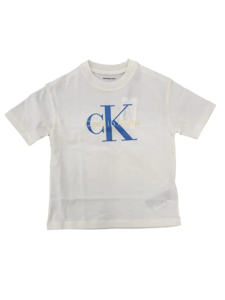 tshirt crema bambino maxi logo blu
